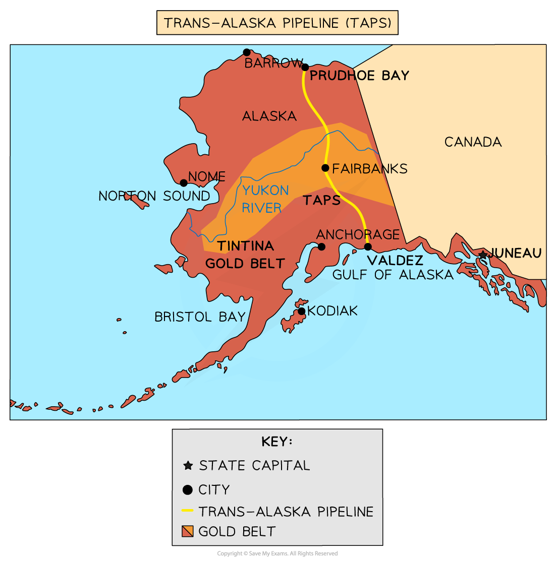 Map showing the trans-Alaskan pipeline and major cities