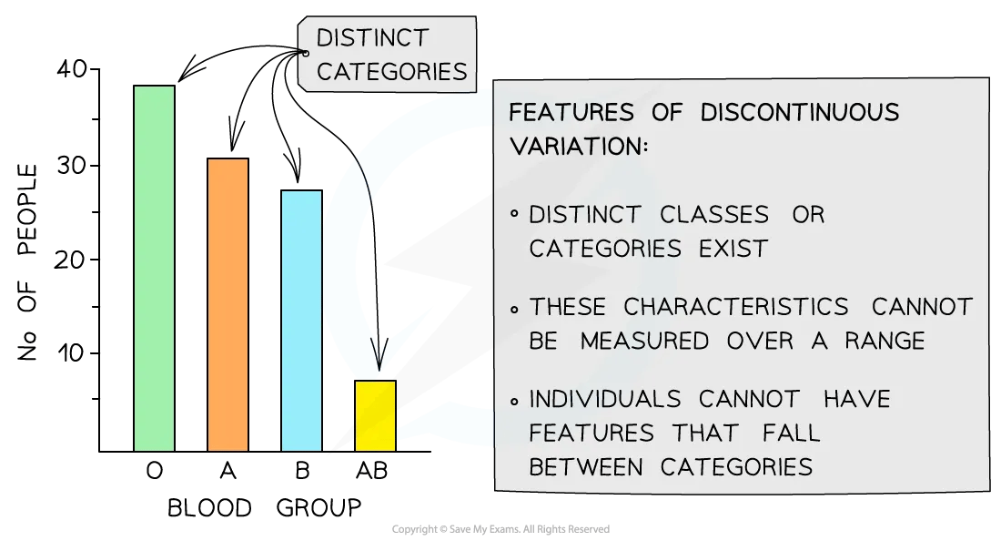 Graph showing that blood types fall into distinct categories, so this is discontinuous variation