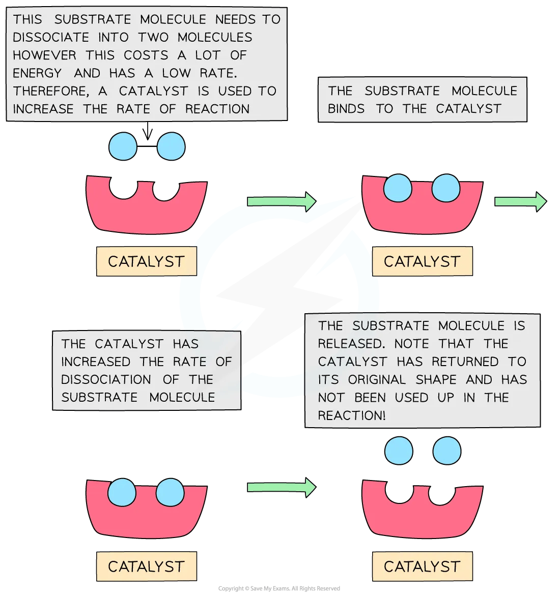 A substrate molecule binds to a catalyst increasing the rate of reaction. The catalyst is chemically unchanged.