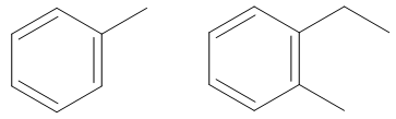 Skeletal structures of methylbenzene and 1-ethyl-2-methylbenzene