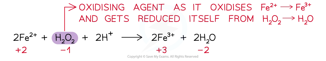 Balanced chemical equation identifying an oxidising agent