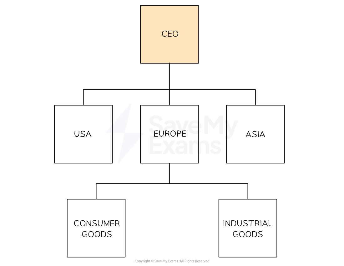 Business organisation by region separates a business hierarchy into geographical locations - and each location has its won core functions such as finance, marketing, HR etc.