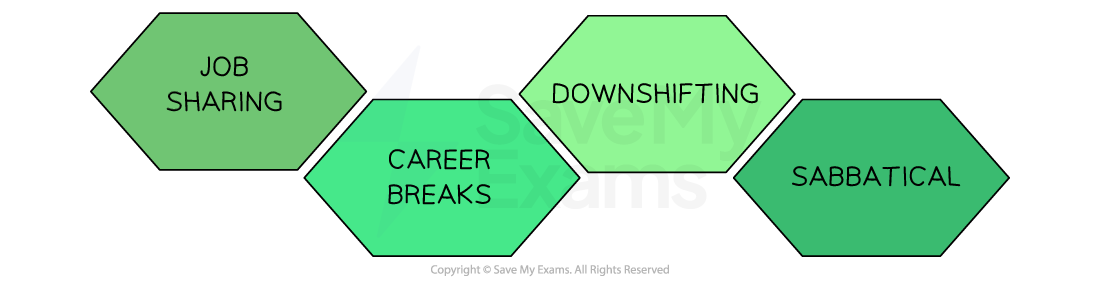 Examples of changes to working practices include job sharing, career breaks, downshifting and sabbaticals