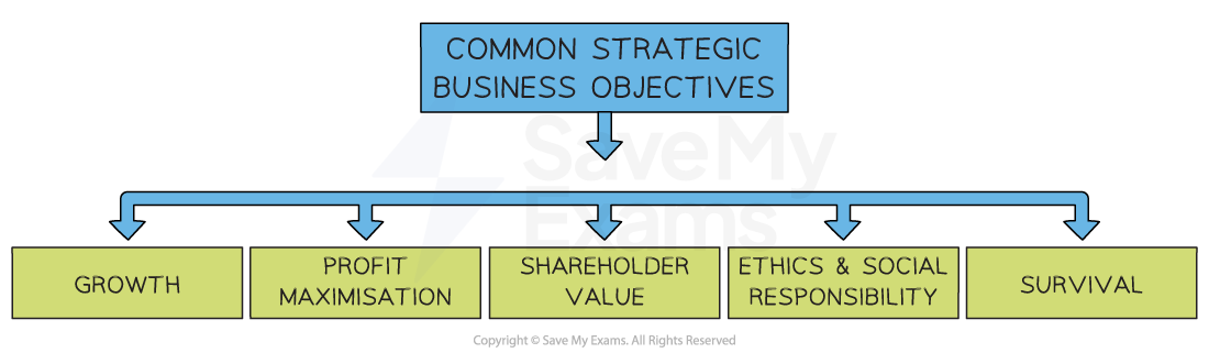 Common business objectives include growth, profit maximisation, shareholder value, ethics and social responsibility, and survival