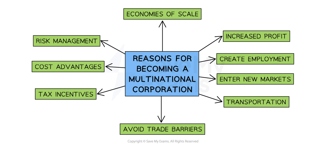 Becoming a multinational allows firms to manage their risk, benefit from economies of scale, create employment opportunities, enter new markets, avoid trade barriers and benefit from tax incentives