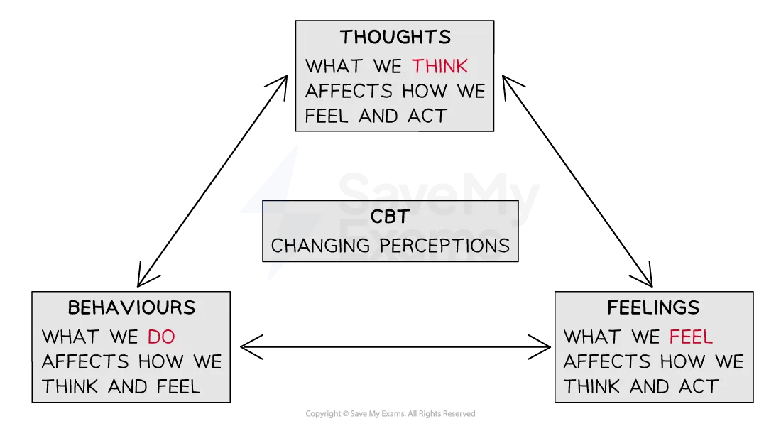 Diagram of cbt changes thoughts feelings and behaviours holistically for IB Psychology