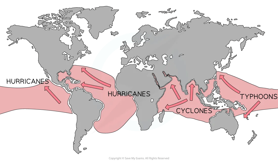 Diagram of distribution of tropical storms for IB Geography