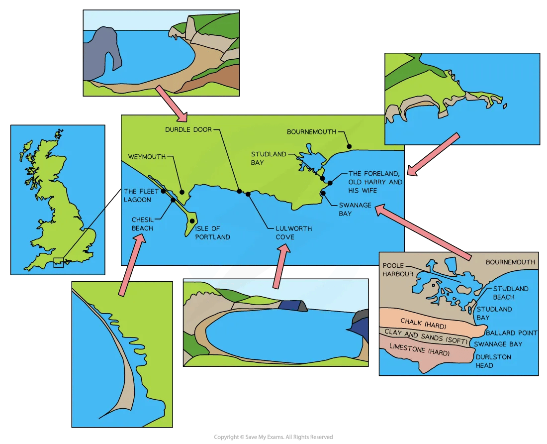 Diagram of map of the jurassic coast for IB SL Geography