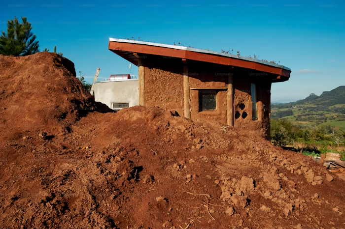 Photo showing an earthship house partially exposed above ground made of mudbrick