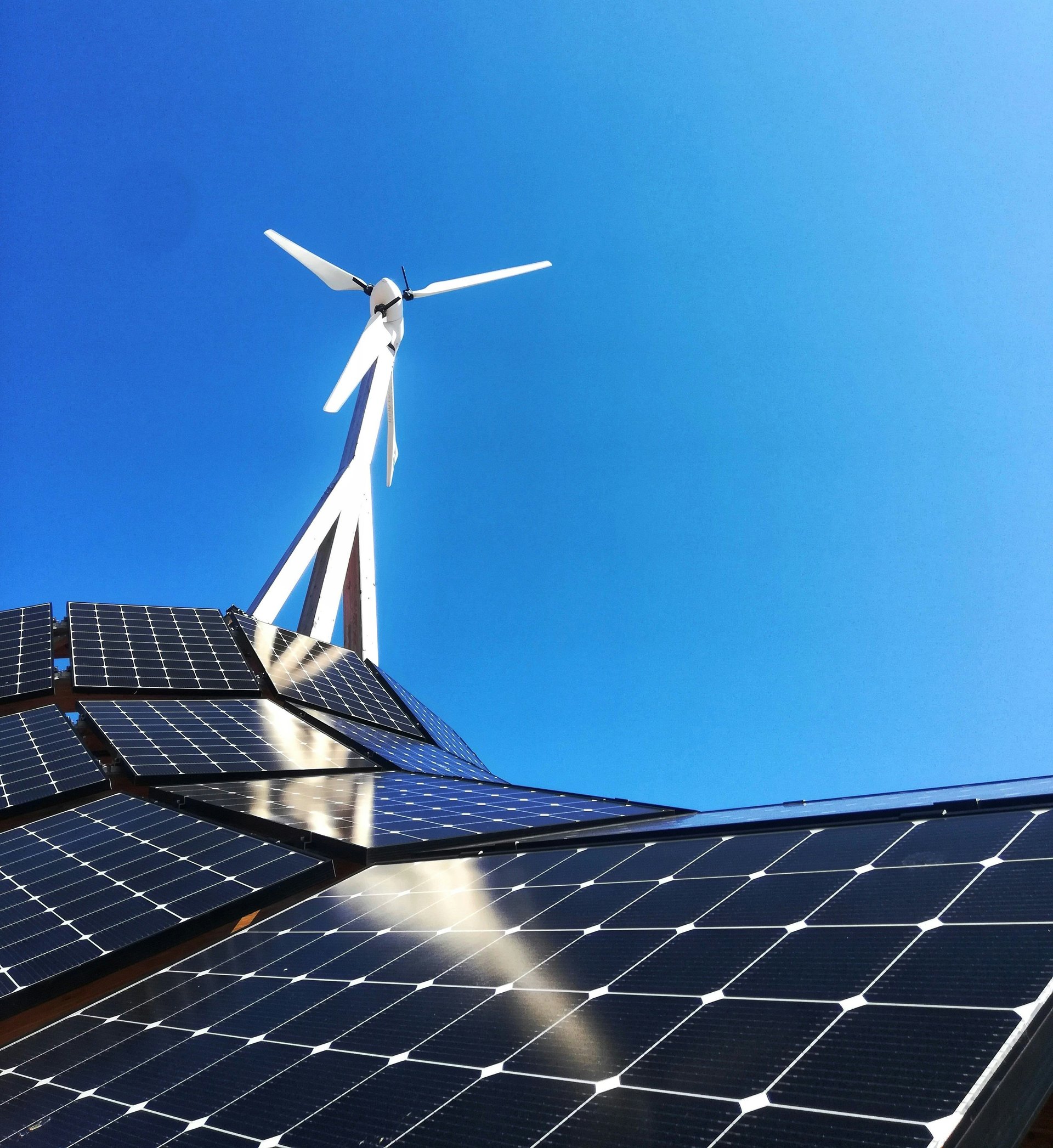 Photograph showing solar panels and wind turbine in Stockholm